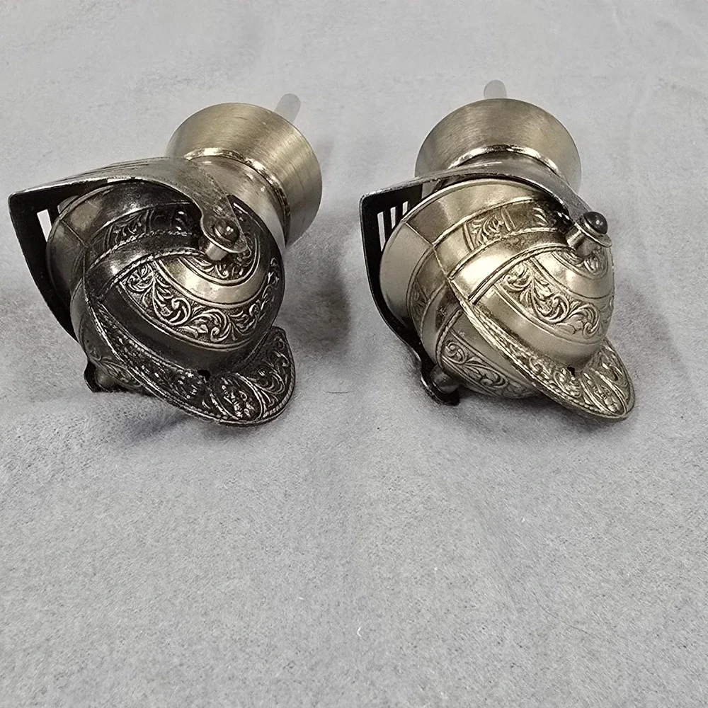 Vintage Knight Helmet Liquor Pour‎ Set of 2 Antique Silver Metal Barware Novelty